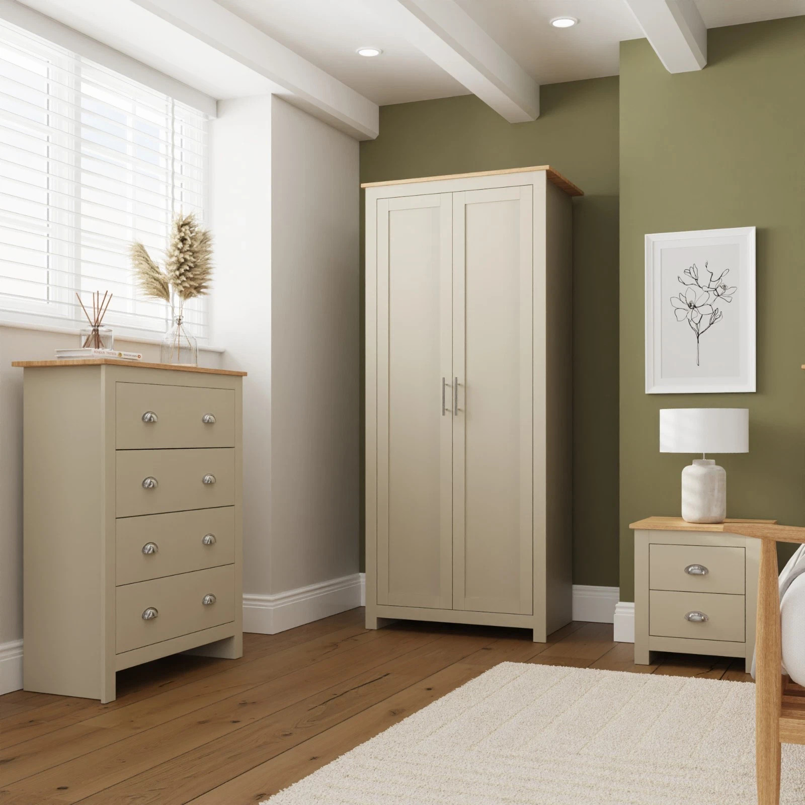 Lancaster 3 Piece bedroom set 2 Door Wardrobe Bedside cab 4 drawer chest - Cream