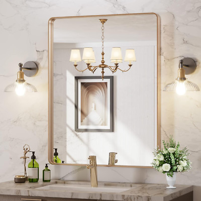 28''x36'' Gold Bathroom Mirror with Rounded Frame, Wall-Mounted, Anti-Rust