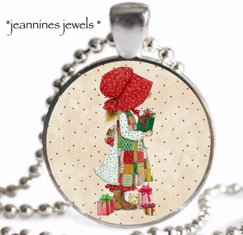 Holly Hobbie Charm Necklace Christmas Gifts Vintage ART PRINT Silver Pendant - Picture 11 of 12
