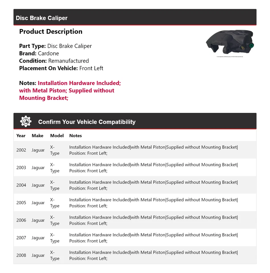 Pinza de freno de disco delantera izquierda cardone 2003 2004 2005 para Jaguar X-Type 2002-2008 Foto 2 de 4