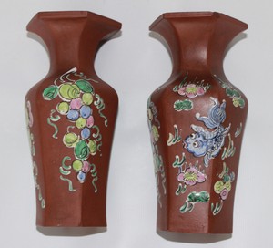set yixing pottery hexagonal shaped pottery enameled vase 's vase chinese fish