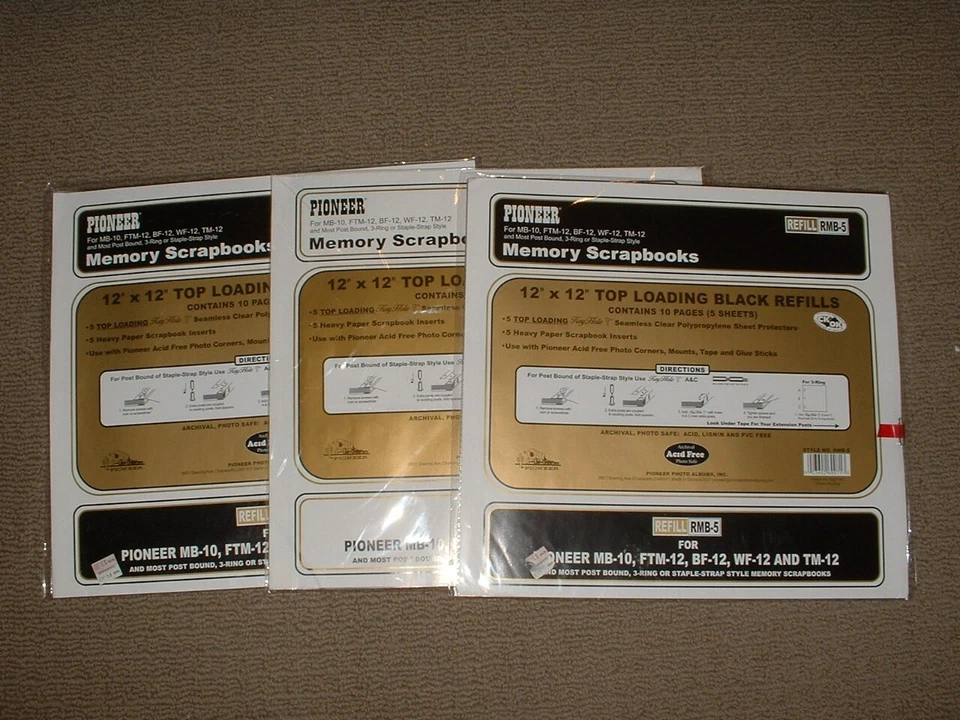 3 Packages Pioneer 12x12 Top Loading Refill Pages 2 Black/1 White RMB-5 - Image 1 of 1