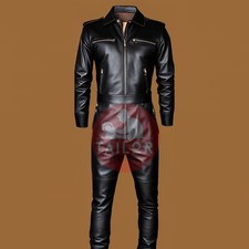 MENS GENUINE SHEEP LEATHER BLACK CATSUIT FRONT ZIPPER OVERALL BODYSUIT JUMPSUIT