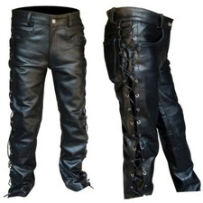 Men's Side Lace Up Leather Pants | Black Bikers 100% Real Laces Leather Pants