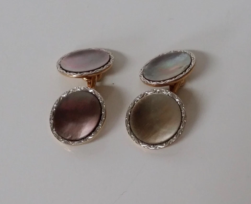 GEMELOS MADREPERLA NEGROS ORO AMARILLO Y BLANCO 14K VINTAGE Foto 2 de 4