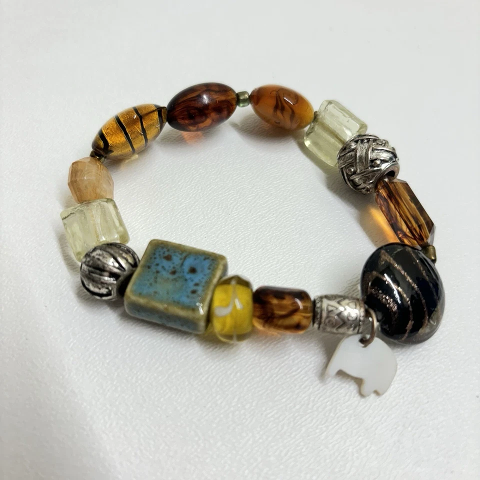 Gold/Amber Swirl Venetian/Aqua Ceramic/Silver Core Glass Bead- Bracelet Elephant - Image 3 of 4