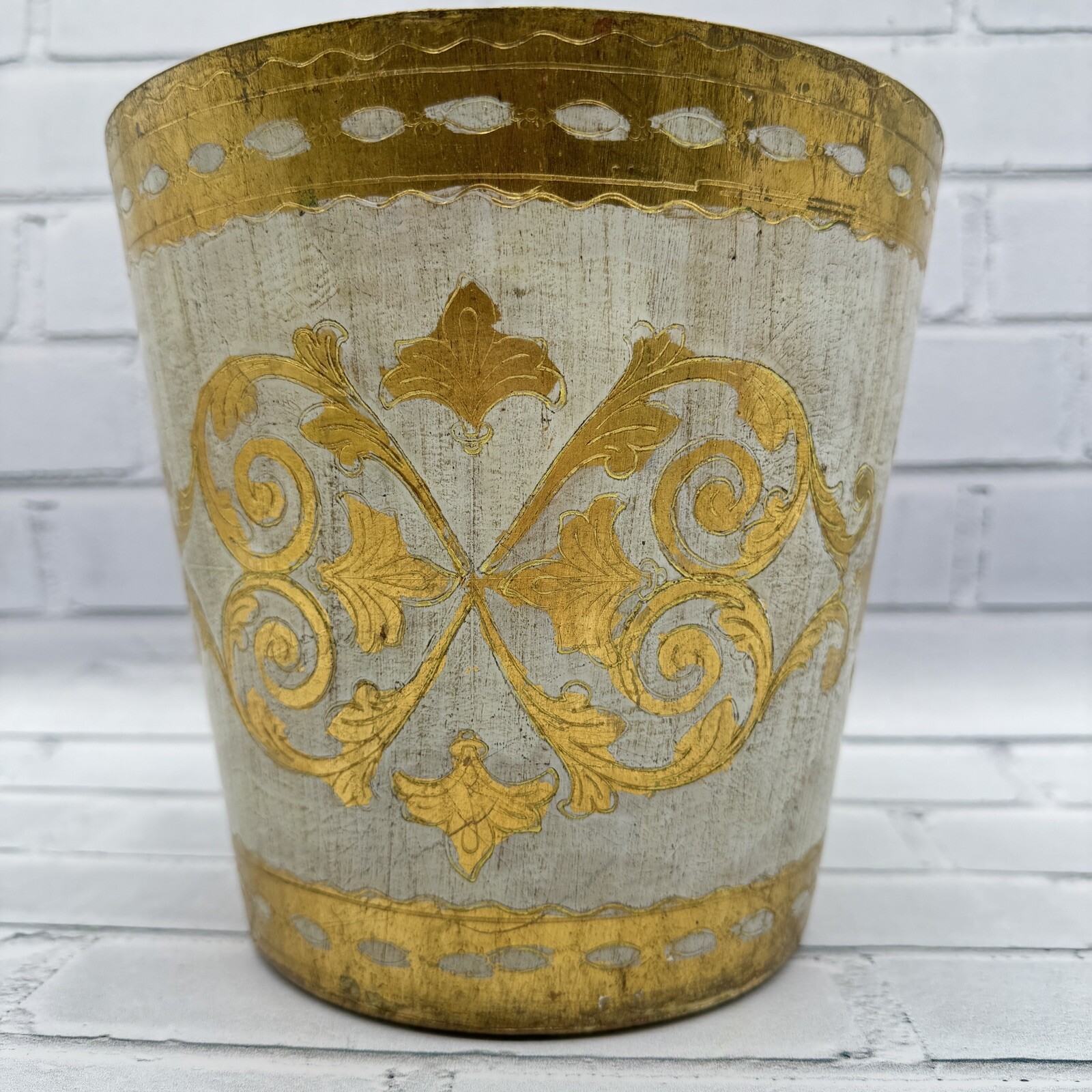 Vintage Wastebasket Italian Florentine Gold Cream Trash Can Italy
