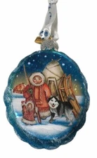 Handpainted Glass Holiday Ornament Gallery Eskimo Husky Dog Boxed 3.5" Tall