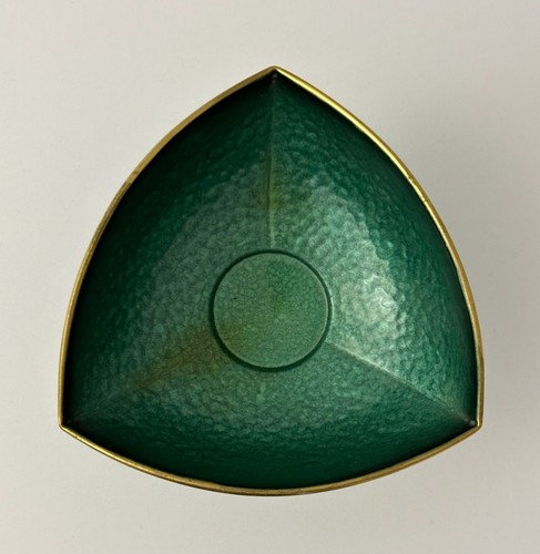 Ciotola triangolare Oppenheim verde acqua smalto over ottone vintage alta 3" Israele - Foto 4 di 5