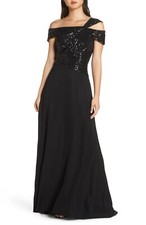 TADASHI SHOJI Black Sequin One Cold Shoulder Sequin Crepe Gown Dress 8 US = M