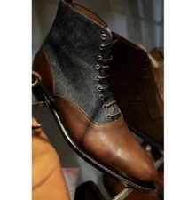 Men Two Tone Ankle Boots, Brown Leather And Gray Denim Lace Up Ankle Boots