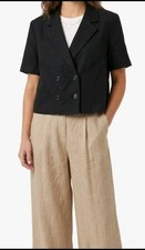 Oak  Fort NWT Black Cropped Short Sleeved Blazer Cotton Linen Double Breasted S