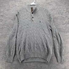 Polo Ralph Lauren Sweater Mens L Gray Mock Neck 3-Button Pullover Cable-Knit
