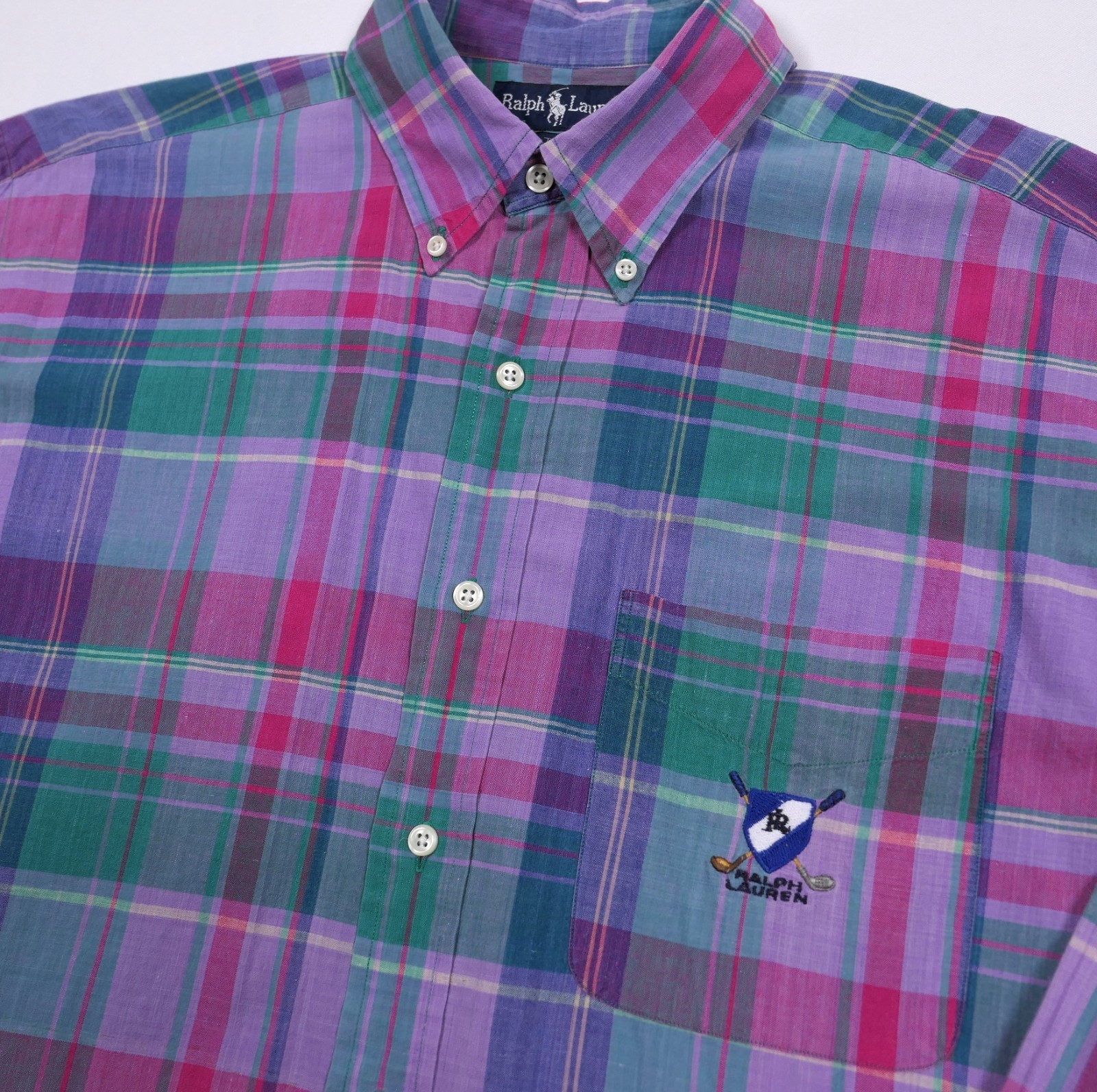 VTG Ralph Lauren Plaid Cotton L/S Shirt Men's LRG Shield Logo RL Golf Clubs Polo image 4