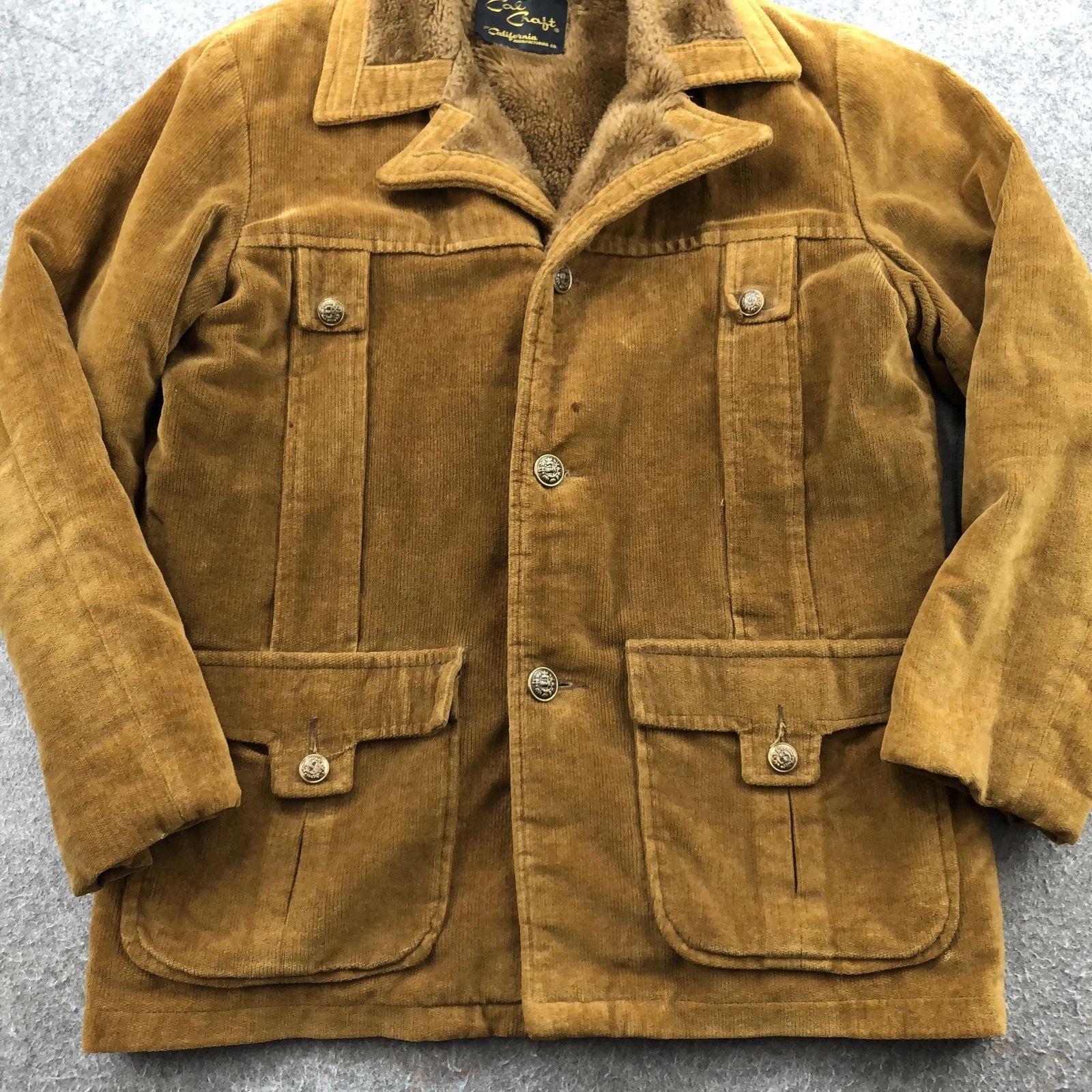 Vintage Cal Craft Coat Mens Large Brown Corduroy Faux Fur Lined Overcoat USA - product detail image 2