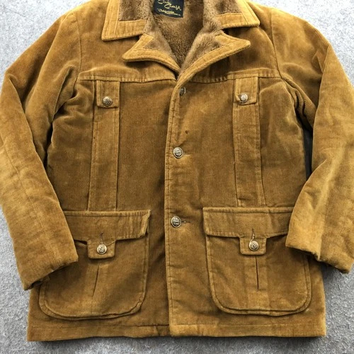 Vintage Cal Craft Coat Mens Large Brown Corduroy Faux Fur Lined Overcoat USA image 2