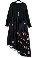 Romantic Black Floral Tiered Midi Dress Boho Cottagecore Asymmetrical Hem Sz XL