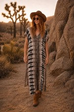 River + Sky Tie Dye Maxi Dress Medium Gray Black V-Neck Boho Caftan Made in USA