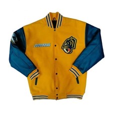 Nashville Predators Gold Body Navy Blue Leather Sleeves Varsity Jacket Men Size