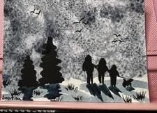 Watercolor ACEO Original Mini Painting 2.5x3.5 Night Abstract Snowy Trees Family