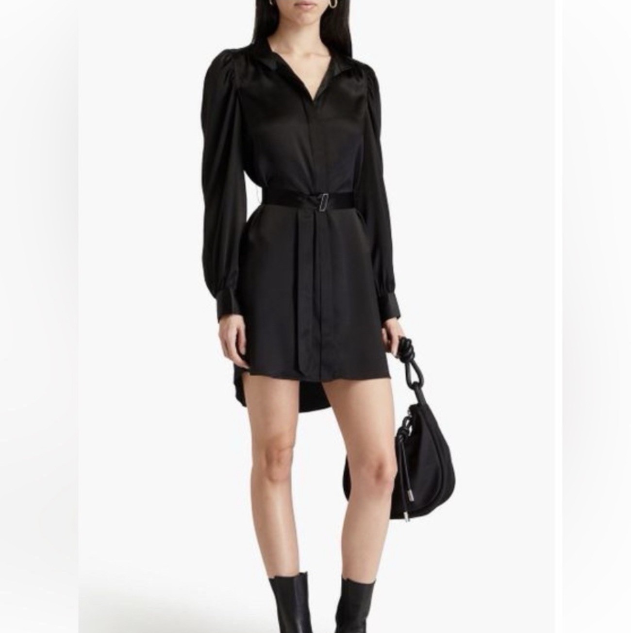 Frame Gillian Long Sleeve Mini Dress Noir Black Silk Belted Small NWT