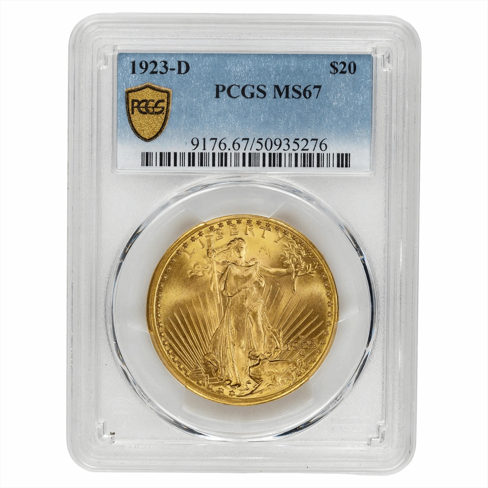 1923-D St. Gaudens Gold Double Eagle $20, PCGS MS 67 - Impressive Coin