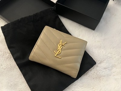 Authentic Saint Laurent YSL Cassandre Compact Trifold Wallet In beige Leather