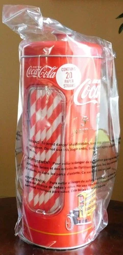 New Coca-Cola Container of 20 Paper Straws, Vintage Label Truck Design Tin
