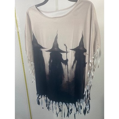 Witch Silhouette Graphic Fringe Top Tan Black Ombre Halloween Gothic Shirt
