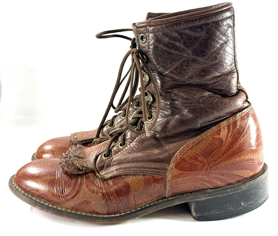 Vintage Laredo Women’s 17691 Lace-Up Kiltie Roper Boots 8M Brown Tooled Leather - Image 4 of 4