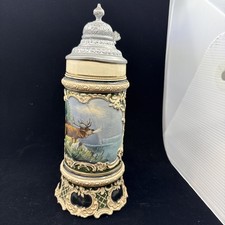 Antique German Reinhold Hanke Stoneware Beer Stein 1411 Stag Scene Pewter Lid