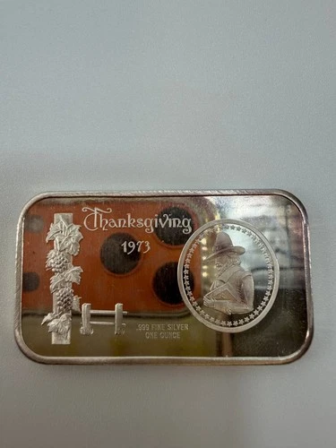1973 Thanksgiving 1 oz .999 Fine Silver Bar 30.56g Art Round One Troy Ounce