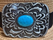 Antiqued Silver Classic Cowboy Floral Pattern Big Turquoise Bead Belt Buckle