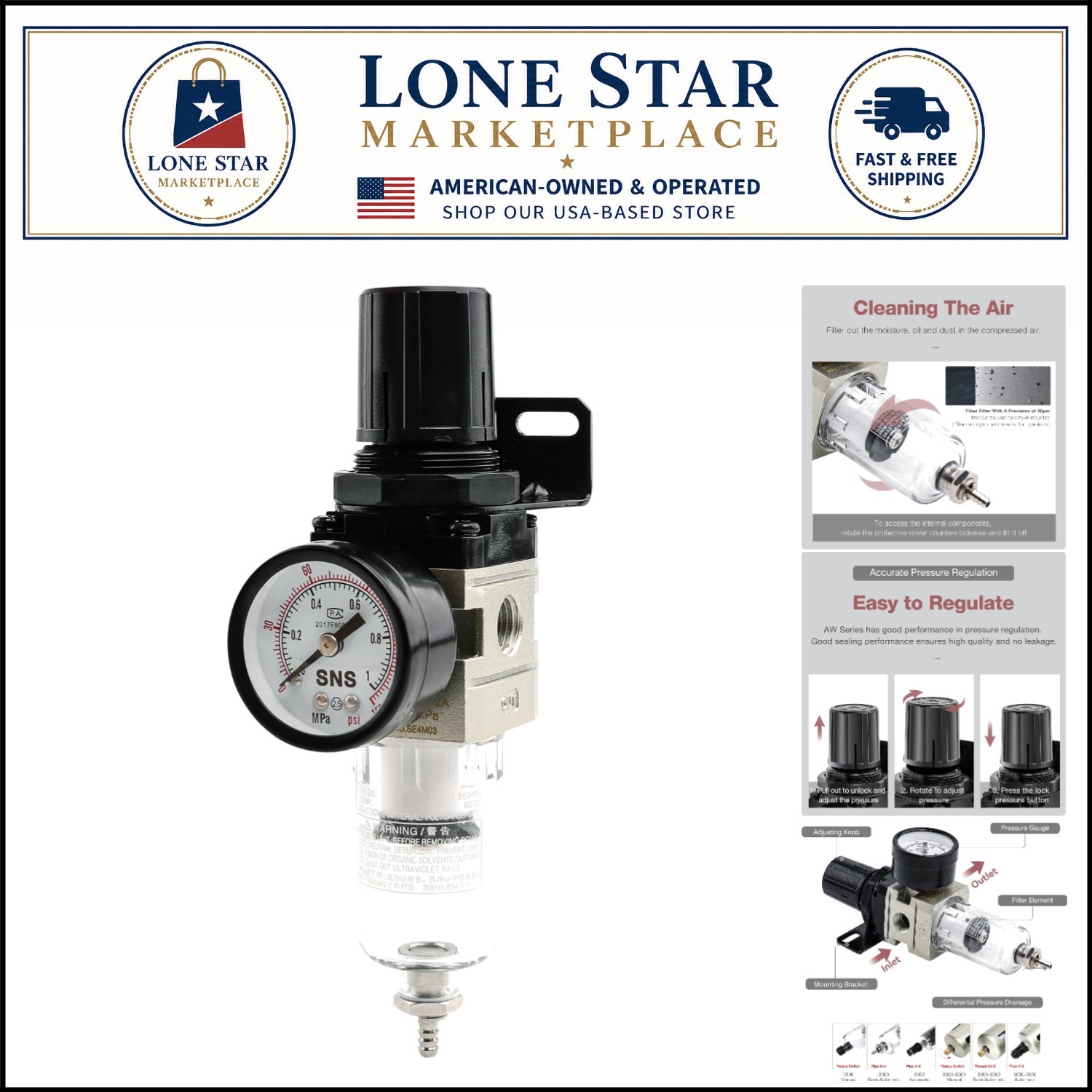 Efficient 1/4” NPT Compressed Air Filter Regulator, Compact Design with Gauge