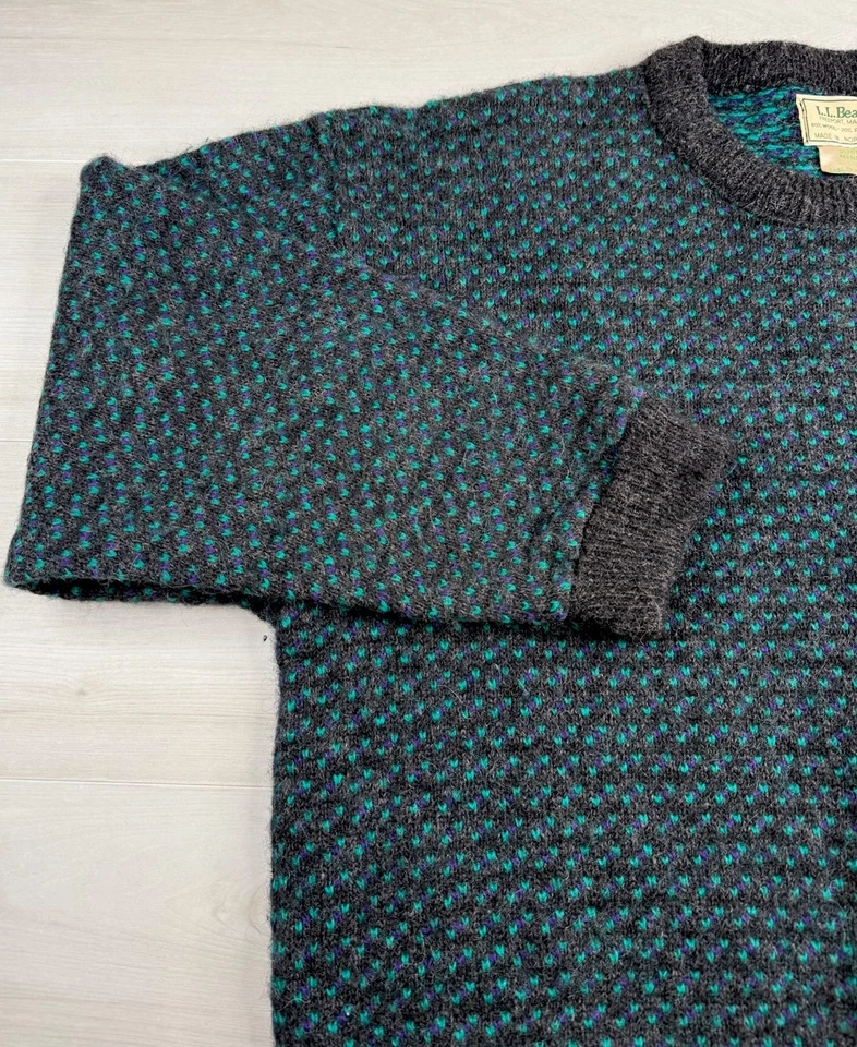 Vtg LL Bean Heavy Wool Rayon Sweater Green Birds Eye Fisherman Norway 2XL RARE - Image 3 of 4