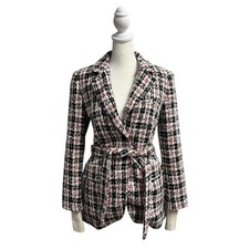 Favorite Daughter The City Plaid Tweed Belted Blazer Jacket Red-Multi Small 448