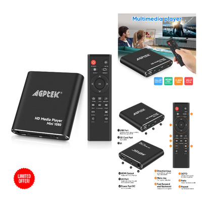 AGPTEK Mini 1080P Full HD Mediaplayer mit Fernbedienung HDMI AV Aus