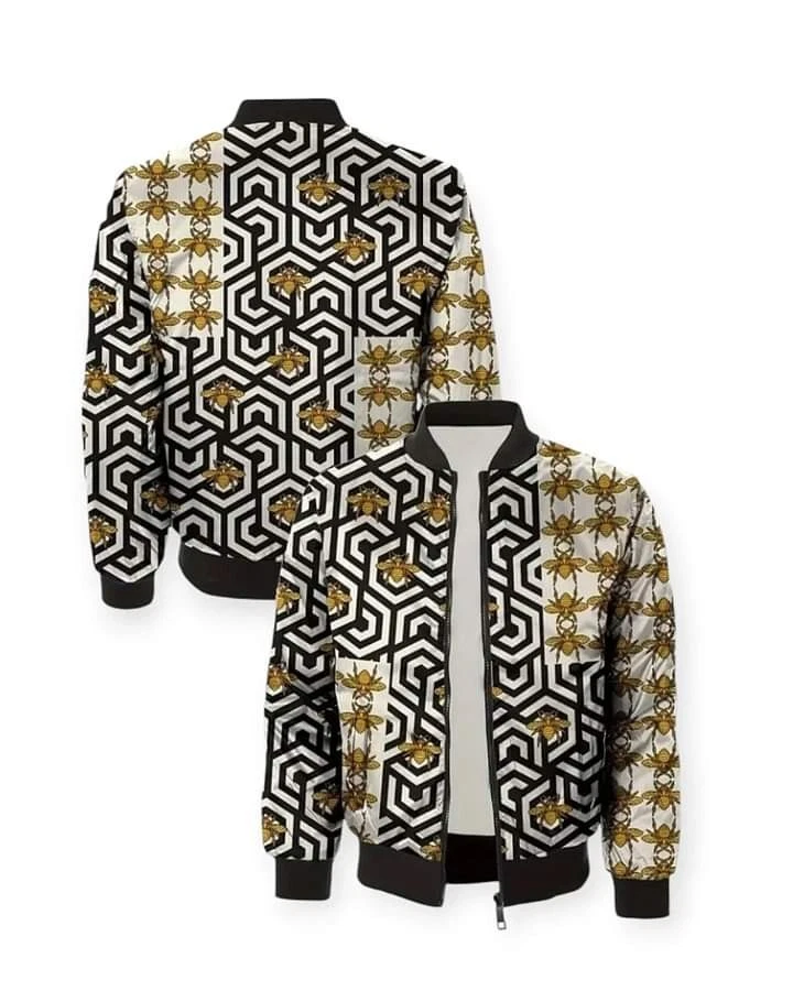 Men's Contrast Color Geometric Print Stand Collar, Long Sleeve Jacket Medium NEW