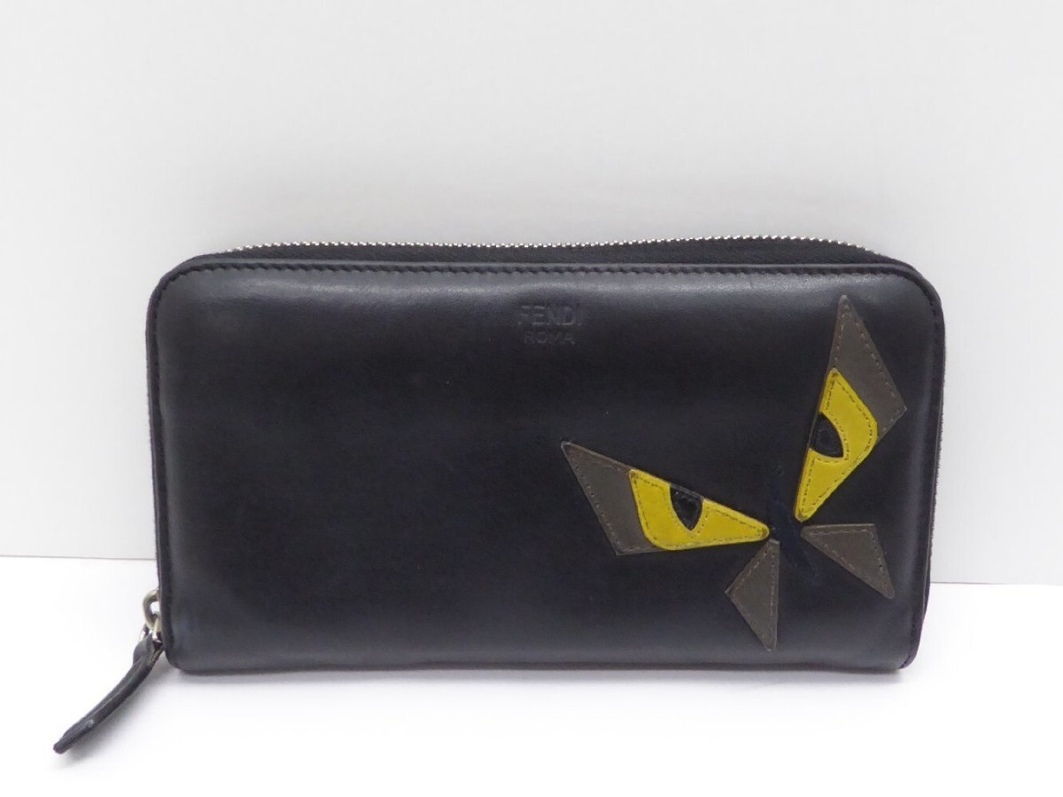 FENDI Wallet Monster Bugs Eye Round Zip Leather Black 33686c FENDI Wallet Monster Bugs Eye Round Zip Leather Black 33686c