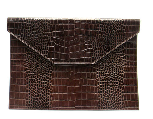 Busta in pelle grande valigetta documenti custodia laptop 15x10" marrone croc goffrato - Foto 1 di 7