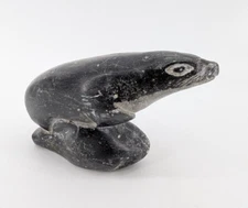 Inuit Carving Soap Stone Seal On Rock Sculpture Signed Josephie 1837 5 1/4" Long