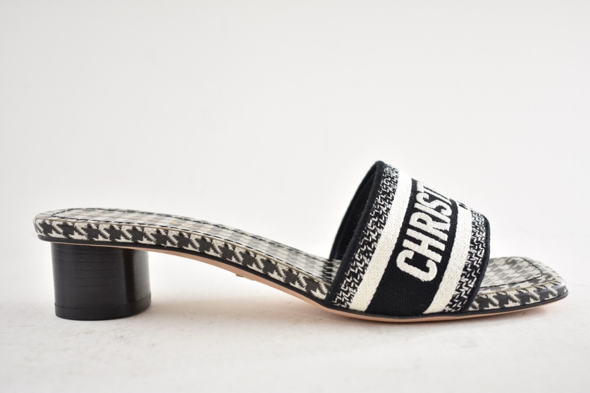 Christian Dior Dway Heeled Slide Black White Houndstooth Logo Heel