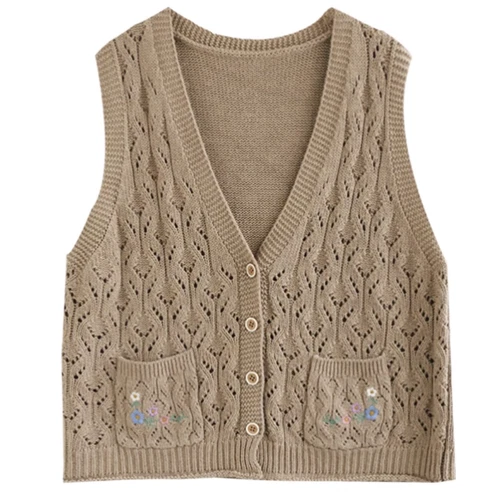 Women Knit Vest Hollow-out Tank Sleeveless Cardigan Gilet Embroidered Sweater - Picture 7 of 19