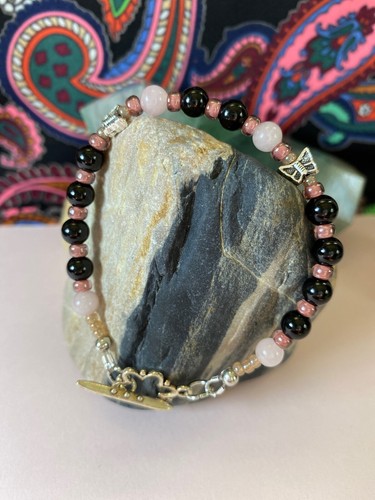 Empath Protection Bracelet. Black Tourmaline w/Rose Quartz & Butterflies. 6 inch - Picture 9 of 13