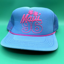 Vintage Maui 96 Blue Snapback Mesh Hat 1996 Cyan Pink Trucker Hat Hawaii VTG
