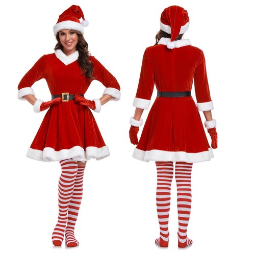 5 Pcs Women Santa Costume Set Red Velvet Dress Furry Cuff Christmas Cosplay - 第 1/8 張圖片
