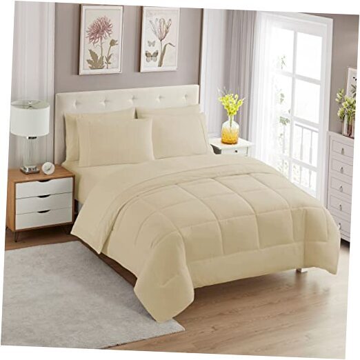 5 Piece Comforter Set Bag Solid Color All Season Soft Down Twin 1 Beige