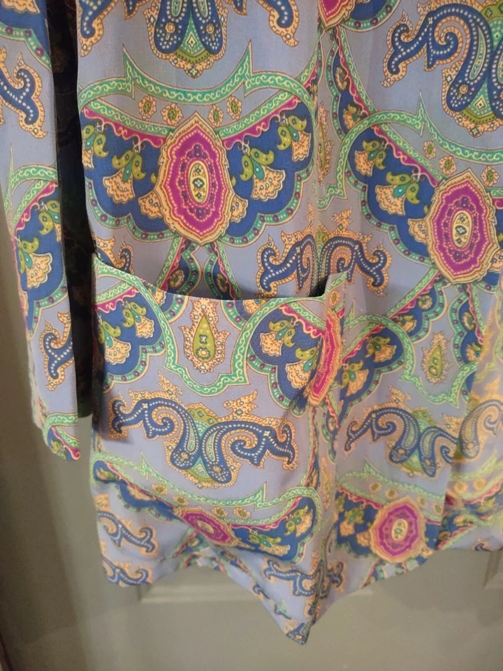 复古 90 年代 Leslie Faye 开放式夹克华丽佩斯利印花涤纶 10 码全新带标签 — 第 2/4 张图片