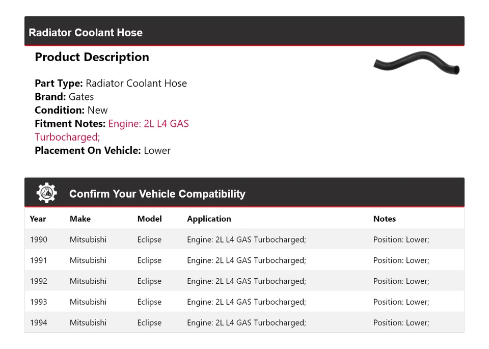 Нижние ворота шланга охлаждающей жидкости радиатора Mitsubishi Eclipse 1990-1994 годов выпуска 1991 1992 - Изображение 2 из 4
