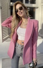 Zara Woman Double Breasted Textured Boucle Weave Jacket Check Pink Xs